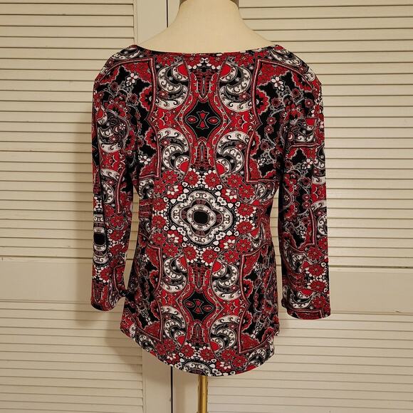 Geometric Print Stretch Knit 3/4 Sleeve Blouse Peck & Peck Size Large - Picture 4 of 7